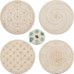 ORIGACH 4 Patterns Wooden Crystal Grids 15x15 cm Round Sacred Geometric Arrangement Crystal Grid Board Metatron's Cube Crystal Grid Plate for Wiccan Altar Ritual Sacred Space Decor