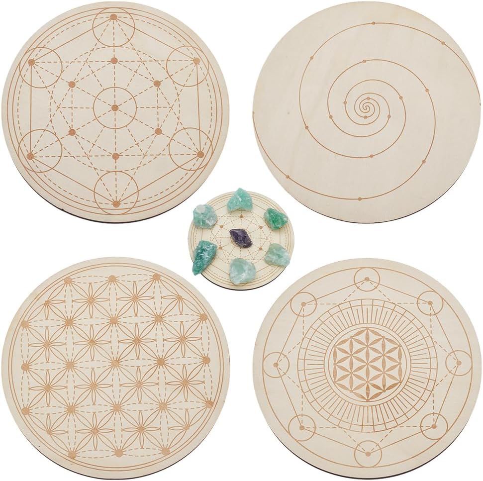 61tqW1lVsWL._AC_SL1001_.jpg ORIGACH 4 Patterns Wooden Crystal Grids 15x15 cm Round Sacred Geometric Arrangement Crystal Grid Board Metatron's Cube Crystal Grid Plate for Wiccan Altar Ritual Sacred Space Decor - Image 1