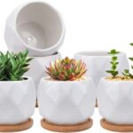 Jucoan 6 Pack Ceramic Succulent Planter Pot with Bamboo Tray, 4 Inches Small White Diamond Shaped Cactus Herb Flowers Planter with Drainage Hole