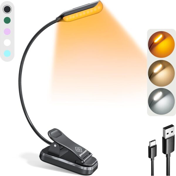 Glocusent Willow Book Light for Reading in Bed, 10LED Bright Reading Light, 3 Colors & 3 Brightness, Rechargeable Book Light Lasts for 80hr, Lightweight Clip on Book Light, Perfect for Book Lovers