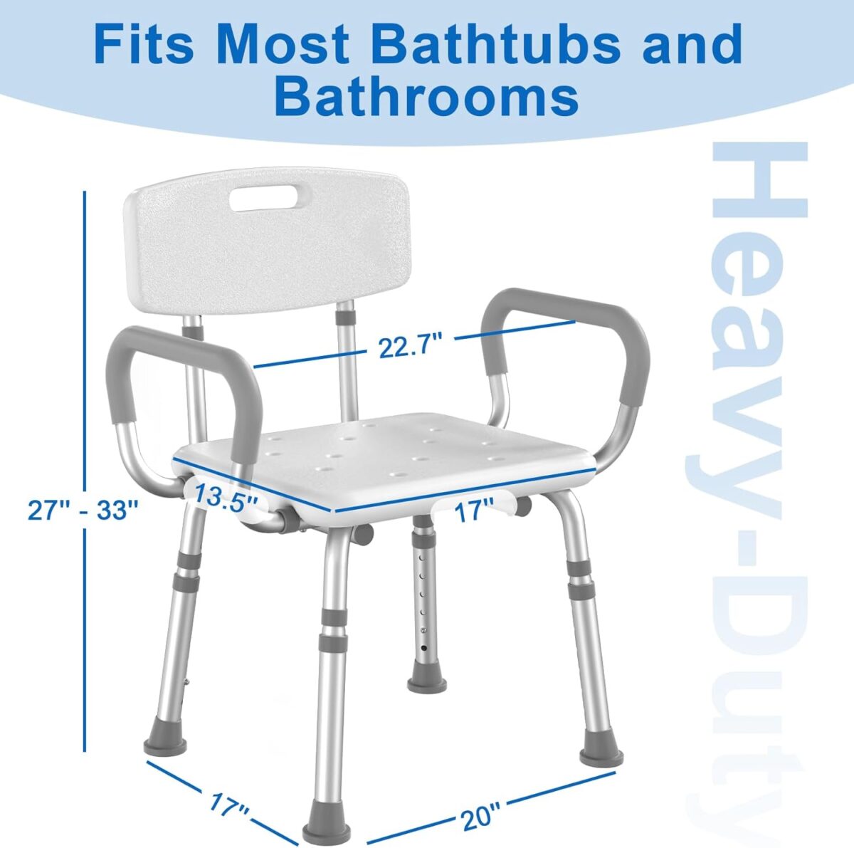 Shower Chair for Inside Shower with Arms and Back, FSA/HSA Eligible 500 lbs Heavy Duty Shower Seat for Bathtub, Height Adjustable Safety Bath Seat for Elderly, Adults, Handicap and Disabled - Image 3