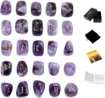 TGS Gems Amethyst Rune Stones Set Engraved Pagan Lettering with Instruction Booklet and Velvet Pouch