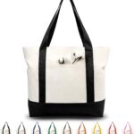 TOPDesign 1 | 3 | 6 | 30 Pack Canvas Tote Bag with an External Pocket, Reusable Grocery Shopping Bag, Top Zipper Closure, Daily Essentials (Black/Natural Pack of 1)