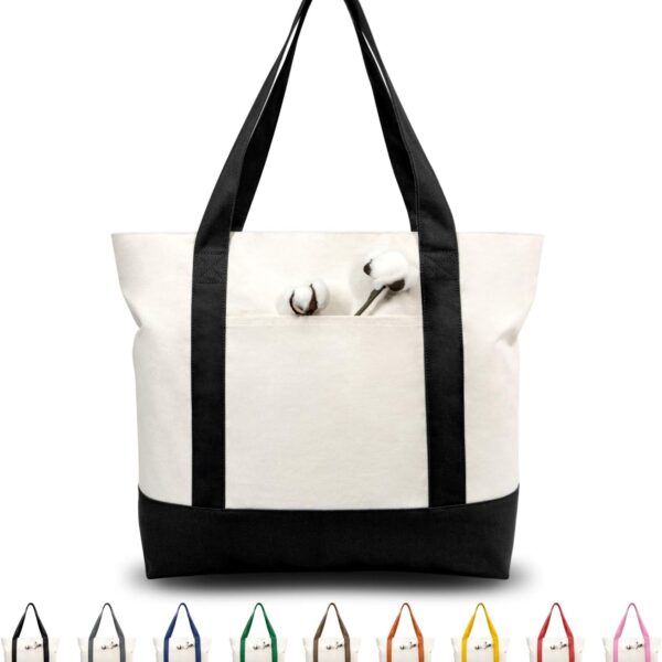 TOPDesign 1 | 3 | 6 | 30 Pack Canvas Tote Bag with an External Pocket, Reusable Grocery Shopping Bag, Top Zipper Closure, Daily Essentials (Black/Natural Pack of 1)
