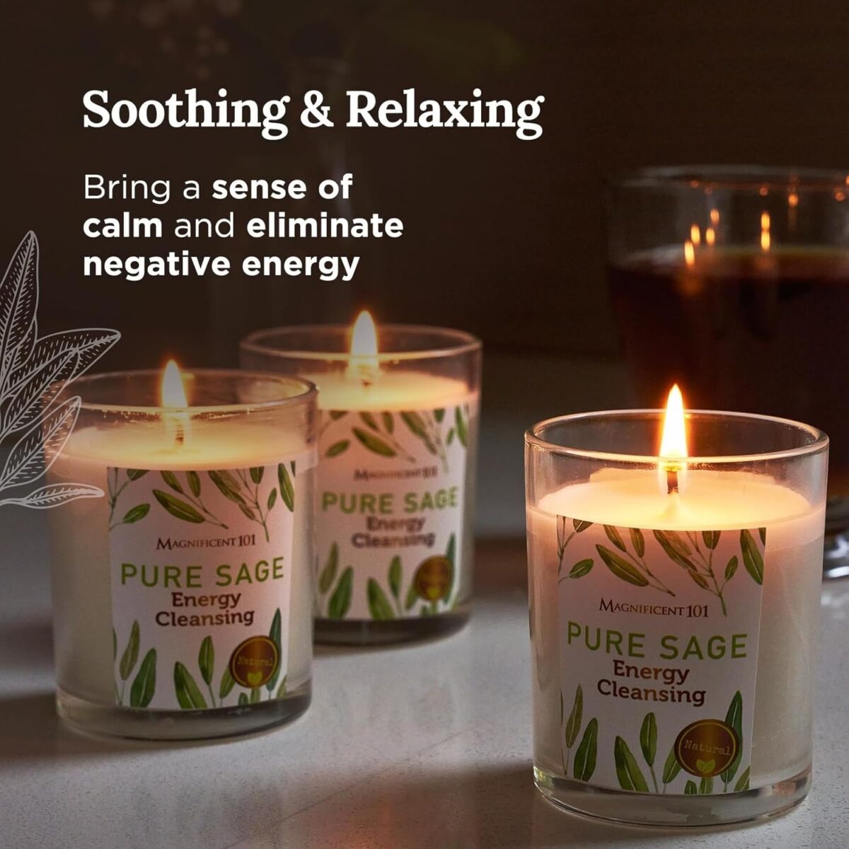 Magnificent 101 Set of 3 Long Lasting Pure Sage Smudge Candles - 42-Hour Burn, 3.5 Oz Each, Soy Wax, Sage Cleansing for House Energy, Meditation & Manifestation - Image 4