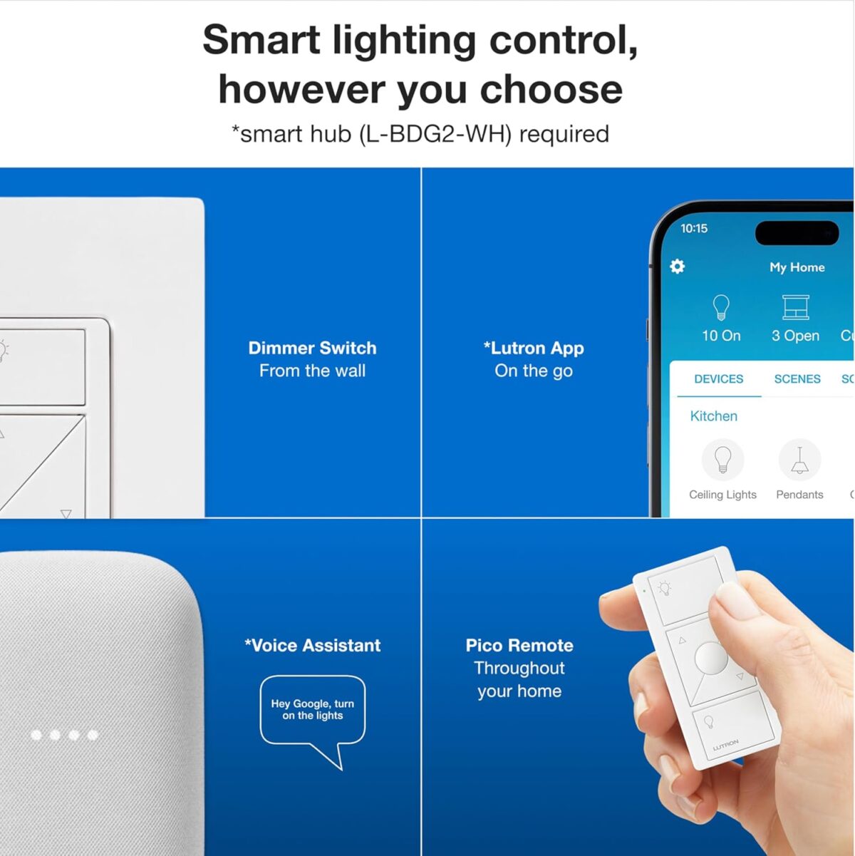 Lutron Caseta Original Smart Dimmer Switch Kit, 2 Dimmer Switches, 2 Wall Plates, 2 Remotes, 2 Pedestals, and Smart Hub, Works with Alexa, Apple Home, Google Home, 3Way, 150W, No Neutral, P-BDG-PKG2W - Image 3