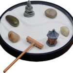 Nature's Mark Mini Zen Garden Kit for Desk with Rake, White Sand, Black Round Base, Miniature Pagoda Figure, River Rocks and Miniature Buddha Figure (6Lx6W Round B)
