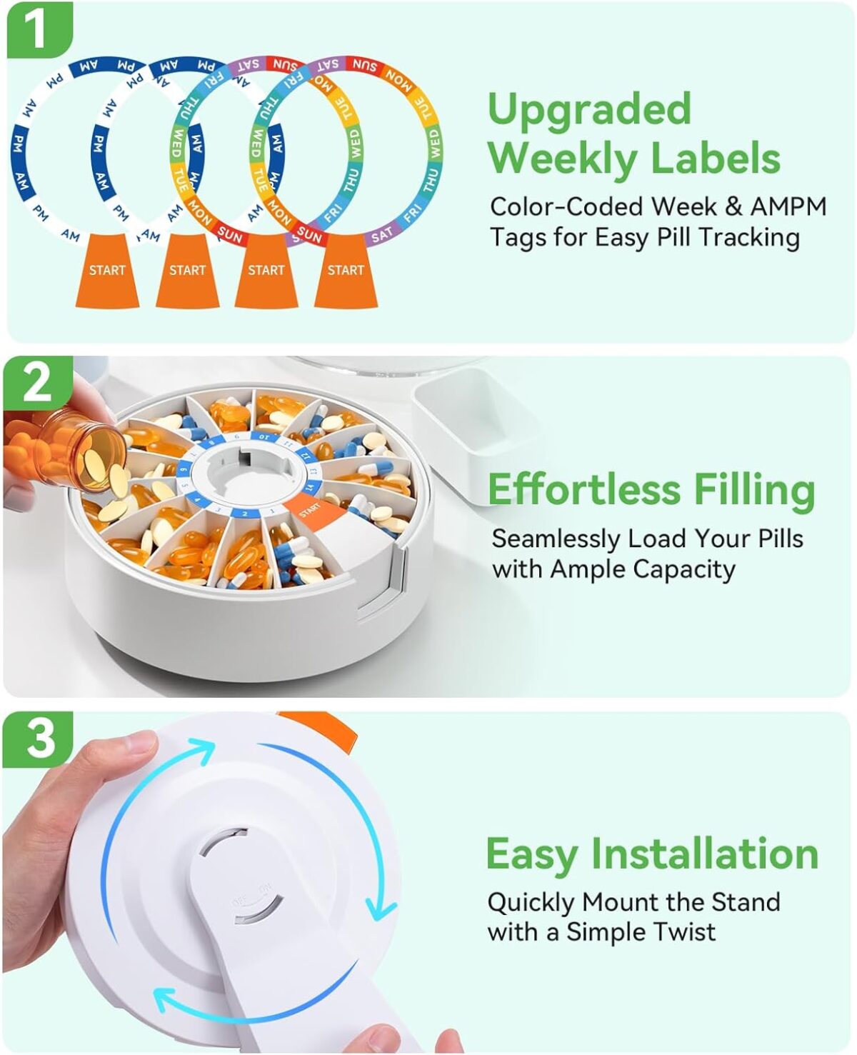 Daviky Pill Dispenser Daily, Large Pill Organizer with Wall-Mounted or Standing Use, 14 Days Pill Box, Push Button Design, Weekly Pill Organizer for Vitamin, Medicine.Supplement, Fish Oil - Image 8