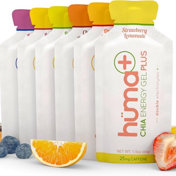 Huma Plus (Double Electrolytes) Chia Energy Gel, Variety Pack, 12 Gels - Stomach Friendly, Real Food Energy Gels