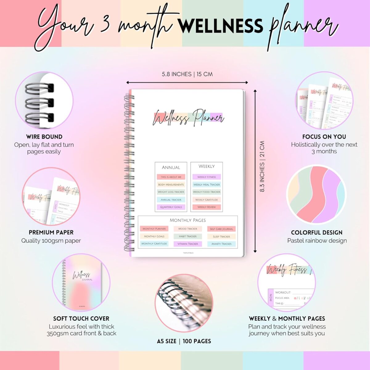 Wellness Journal - 90 Day Health, Fitness, Gratitude, Mindfullness, Wellbeing, Habit, Goals, Diet & Food Tracker - A5 (Pastel Rainbow) - Image 2
