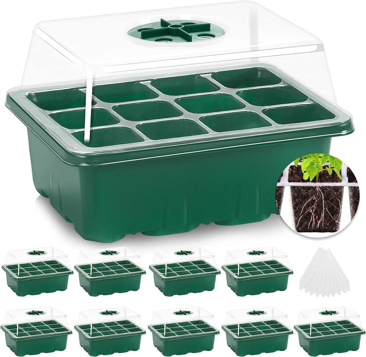 MIXC 10 Packs Seed Starter Tray Seed Starter Kit with Humidity Dome (120 Cells Total Tray) Seed Starting Trays Plant Starter Kit and Base Mini Greenhouse Germination Kit for Seeds Growing Starting - Image 1