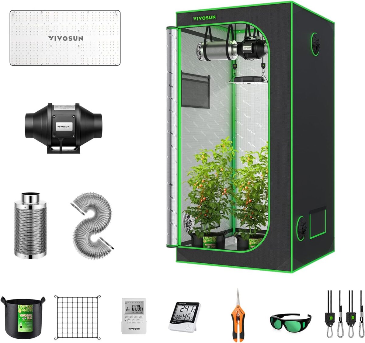 VIVOSUN GIY 3x3 Grow Tent Complete System, 3x3 ft. Grow Tent Kit Complete with 4-inch Inline Fan Package, VS2000 LED Grow Light, Temperature Humidity Monitor, Netting, Grow Bags, Pruning Shear & Timer - Image 1