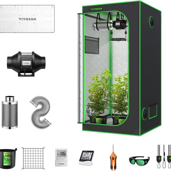 VIVOSUN GIY 3x3 Grow Tent Complete System, 3x3 ft. Grow Tent Kit Complete with 4-inch Inline Fan Package, VS2000 LED Grow Light, Temperature Humidity Monitor, Netting, Grow Bags, Pruning Shear & Timer