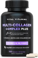 Vital Vitamins Multi Collagen Plus - with Biotin, Hyaluronic Acid, Vitamin C - Type I, II, III, V, X - for Women & Men - Hair, Skin, Nails Beauty Complex - 150 Capsules