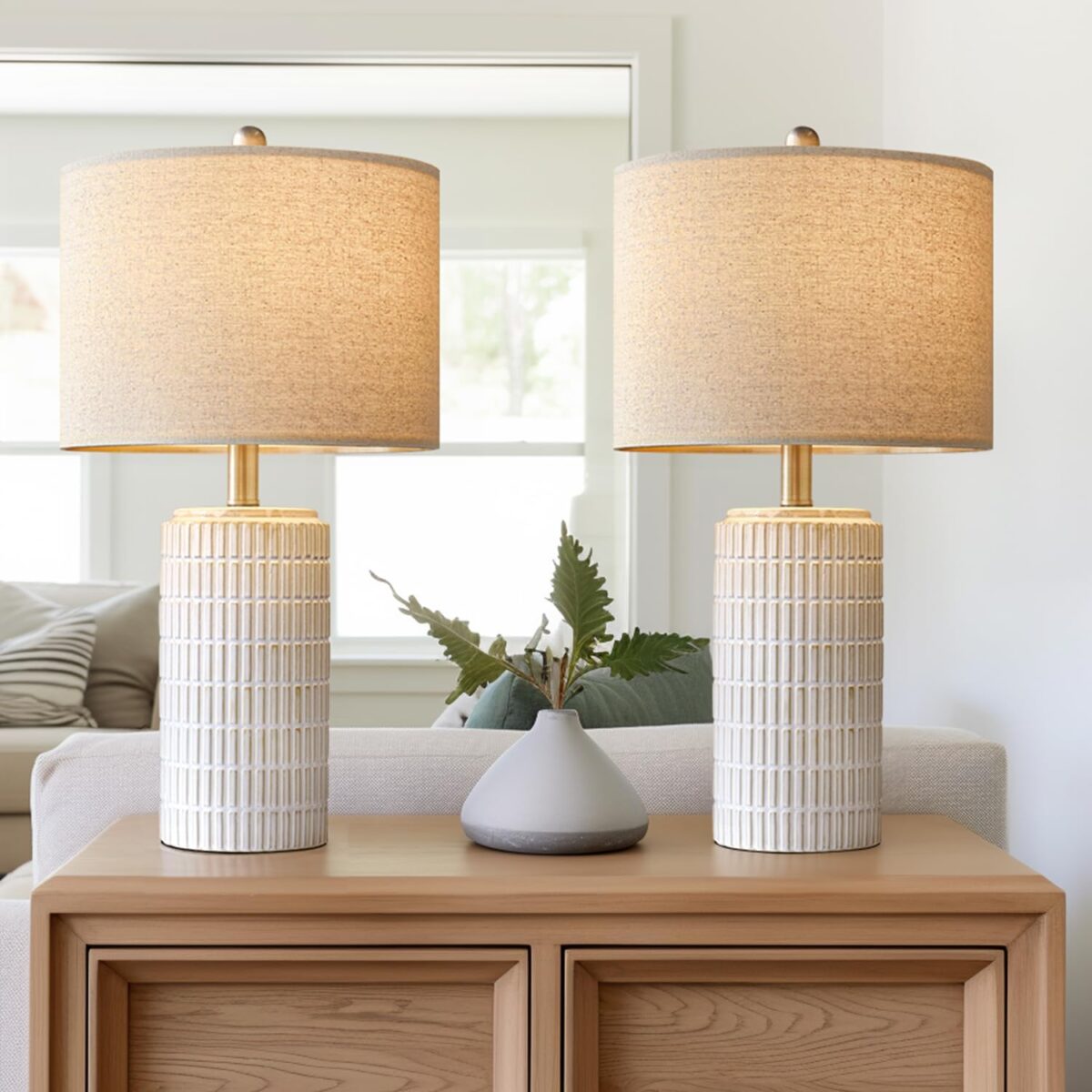 PoKat 23" Modern Ceramic Table Lamp Set of 2 for Living Room White Desk Lamps for Bedroom Farmhouse Bedside Nightstand Bedside Lamp End Table Lamps Beige - Image 1