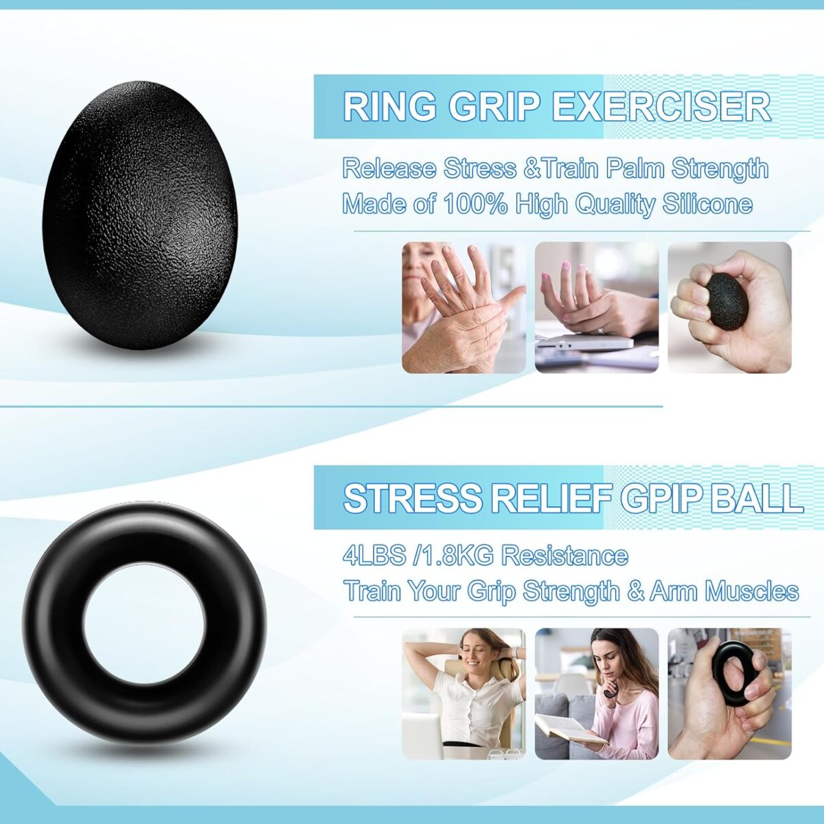 Grip Strength Trainer(5 Pack) with Finger Exerciser, Hand Grip Strengthener, Finger Stretcher,Grip Ring & Stress Relief Ball for Muscle Building and Injury Recover with Carry Bag - Image 4