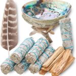 Sage Smudge Kit ~ 6 White Sage Bundles 4" ~ 6 Palo Santo Sticks 4-inch ~ Abalone Shell 5-6" & Tripod Stand ~ Instructions ~ Feather 7+ inch ~ Smudging Kit