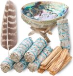 Sage Smudge Kit ~ 6 White Sage Bundles 4" ~ 6 Palo Santo Sticks 4-inch ~ Abalone Shell 5-6" & Tripod Stand ~ Instructions ~ Feather 7+ inch ~ Smudging Kit