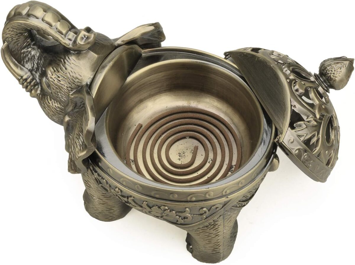 K COOL Metal Backflow Incense Holder Elephant Cone Coil Incense Burner Ash Catcher with Lid, Aromatherapy Ornament Home Office Decoration for Indoor Outdoor (Bronze) - Image 3