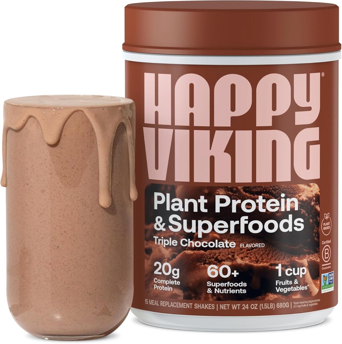 Happy Viking Triple Chocolate Protein + Superfoods Powder, Created by Venus Williams, 20G Protein, Low Carb, Keto, Vegan, Gluten-Free, Non-GMO, Complete Meal Replacement, 1 Canister (24 oz.) - Image 1