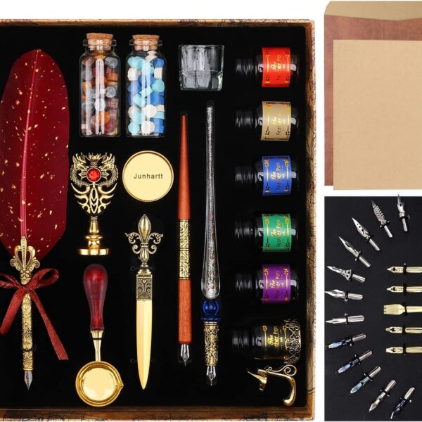 Quill Feather Pen and Ink Set, Calligraphy Pen Glass Dip Pen and Wax Seal Stamp Kit (Red)