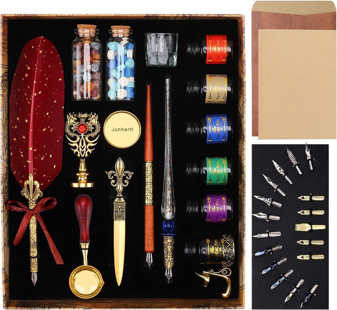 712LHM7DImL._AC_SL1500_.jpg Quill Feather Pen and Ink Set, Calligraphy Pen Glass Dip Pen and Wax Seal Stamp Kit (Red) - Image 1