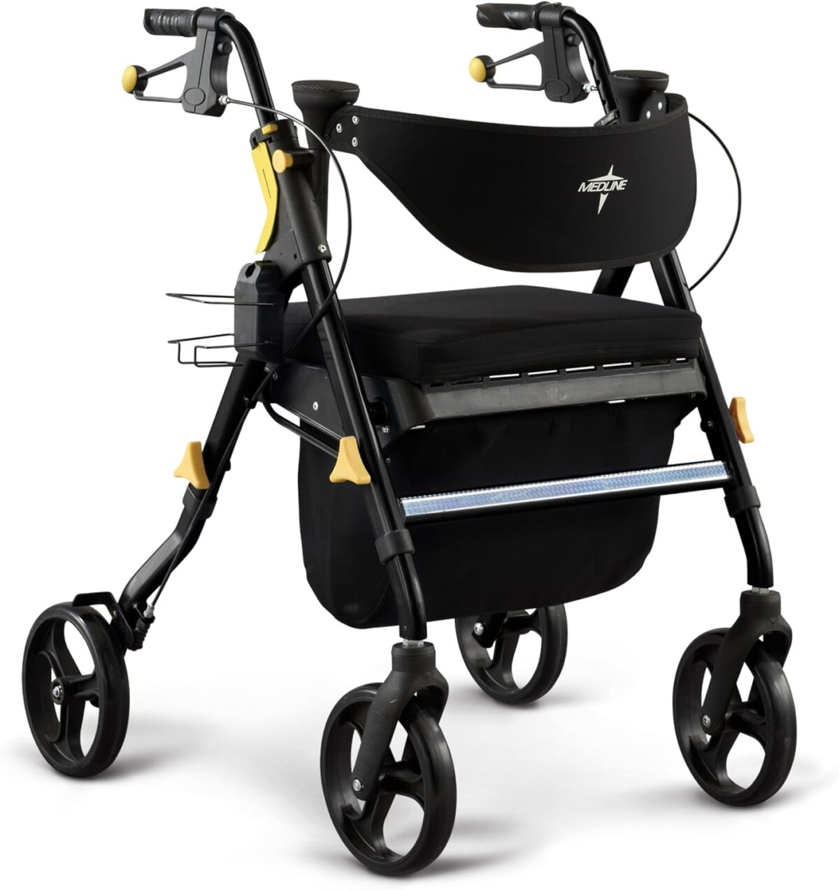 Medline Premium Empower Folding Mobility Rollator Walker with Memory Foam Seat, Black, 300 lb. Weight Capacity, 8” Wheels, Cupholder,Rolling Walker for Mobility Impairment, Adjustable Handles - Image 1