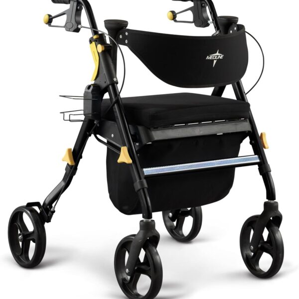 Medline Premium Empower Folding Mobility Rollator Walker with Memory Foam Seat, Black, 300 lb. Weight Capacity, 8” Wheels, Cupholder,Rolling Walker for Mobility Impairment, Adjustable Handles