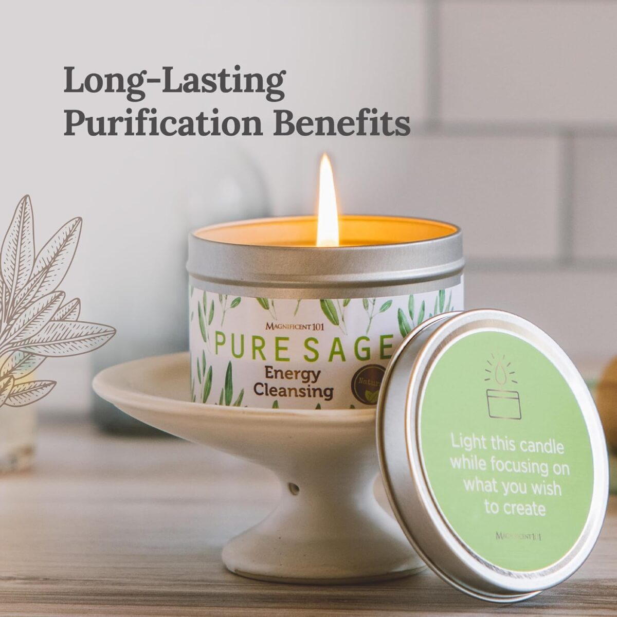 Magnificent 101 Long Lasting Pure White Sage Candle - 6 Oz - 35 Hour Burn Time | Organic, All Natural, Soy Candle to Cleanse Your Home & Calm, Soothe, Use with Sage Smudge Kit - Image 2