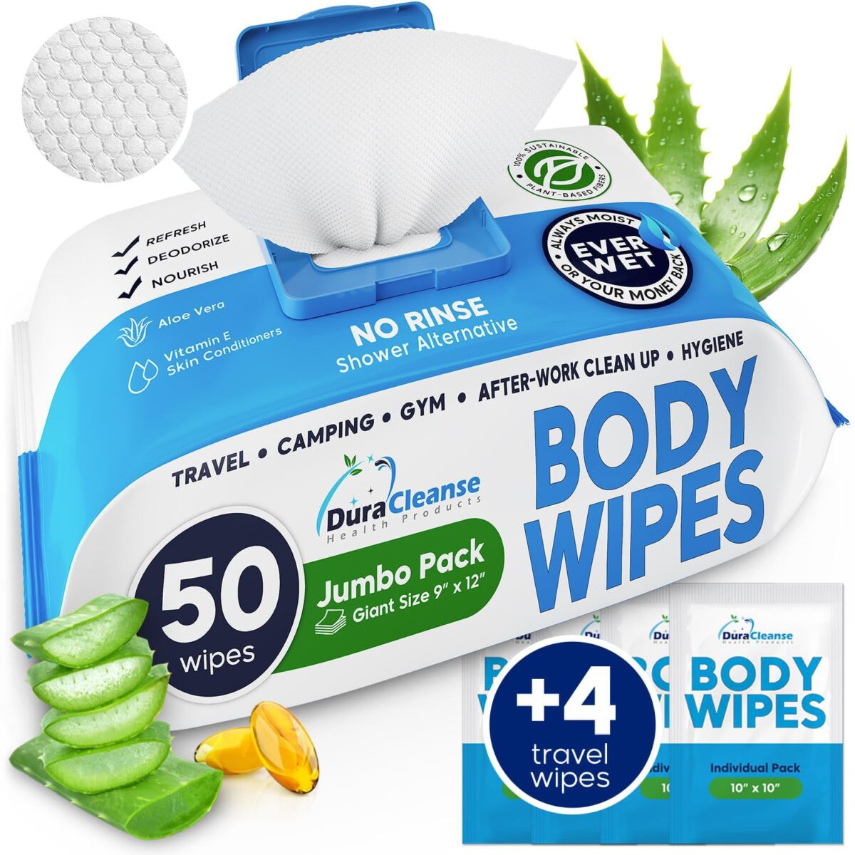 XL Body Wipes for Adults Bathing No Rinse - 50 Ct. + 4 Travel Shower Wipes - 9"x12" Thick Cleansing Bath Wash Sheets for Elderly Incontinence, Men & Women - Camping Essentials Disposable Washcloths - Image 1