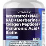 Resveratrol NAD+ Berberine Hyaluronic Acid - Biotin Grape & Blueberry + NAC - Collagen Peptides - Hair, Nail, Skin & Joint Supplement - 21-in-1 Women and Men - Made in USA (60 Count (Pack of 1)