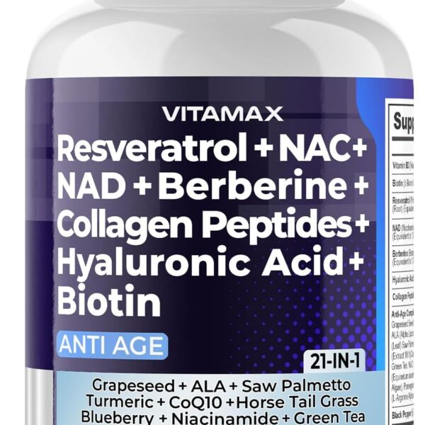 Resveratrol NAD+ Berberine Hyaluronic Acid - Biotin Grape & Blueberry + NAC - Collagen Peptides - Hair, Nail, Skin & Joint Supplement - 21-in-1 Women and Men - Made in USA (60 Count (Pack of 1)