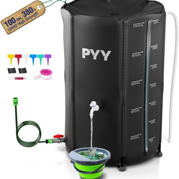 PYY Rain Water Collection Barrel - 100 Gallon Black Water Storage Tank with Spigots, Hose and Portable Bucket, Large Plastic Collapsible Rain Catcher Catchment System to Collect Rainwater from Gutter