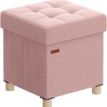 SONGMICS Small Storage Ottoman, Folding Ottoman Cube, 15 x 15 x 15.7 Inches, Footstool, Footrest, 9.8 Gal. (37 L), Velvet Surface, for Bedroom, Living Room, Dorm, Jelly Pink ULSF0516R01