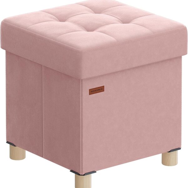 SONGMICS Small Storage Ottoman, Folding Ottoman Cube, 15 x 15 x 15.7 Inches, Footstool, Footrest, 9.8 Gal. (37 L), Velvet Surface, for Bedroom, Living Room, Dorm, Jelly Pink ULSF0516R01