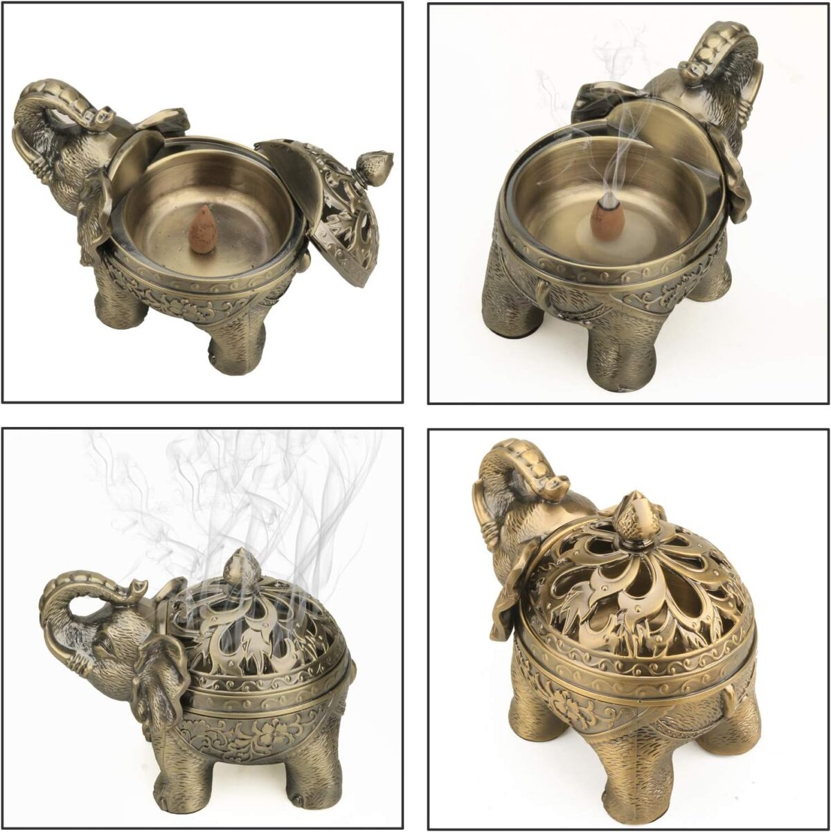 K COOL Metal Backflow Incense Holder Elephant Cone Coil Incense Burner Ash Catcher with Lid, Aromatherapy Ornament Home Office Decoration for Indoor Outdoor (Bronze) - Image 6