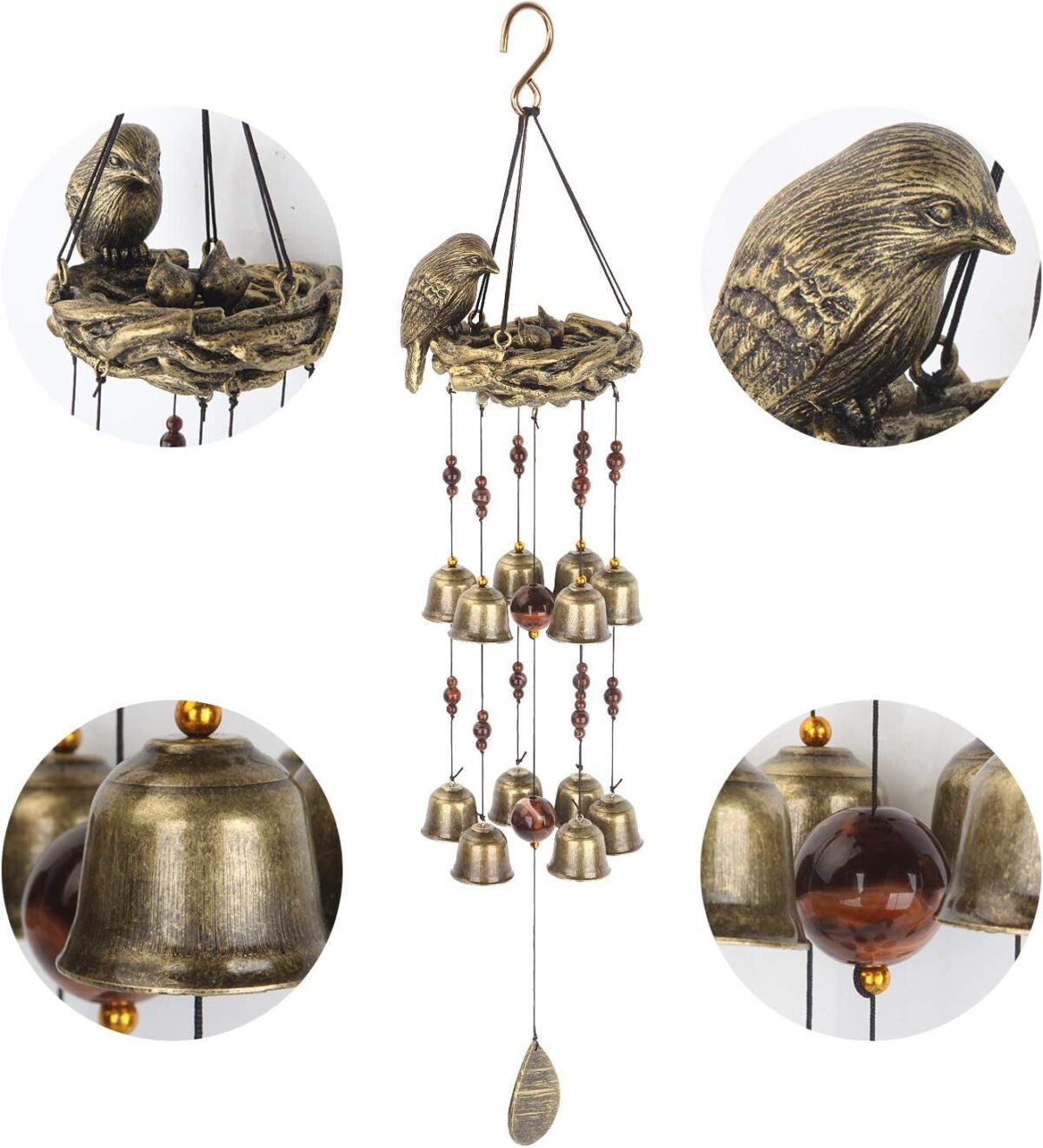 Bird Nest Wind Chime, Bird Bells Chimes with 12 Wind Bells for Glory Mother’s Love Gift, Garden Backyard Church Hanging Decor, Bronze - Image 4