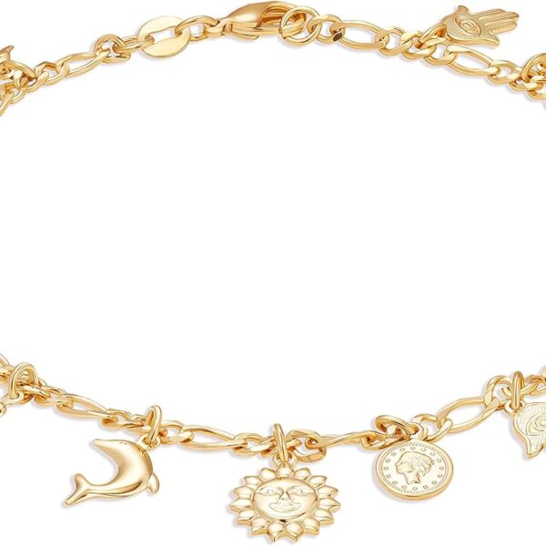 Barzel 18K Gold Plated Charm Anklet, Multi Charm Anklet for Women, 10 Inches - Made In Brazil