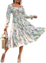 Amegoya Women's Boho Flowy Long Sleeve Square Neck Floral Midi Dress Smocked Spring Fall Wedding Guest Dresses