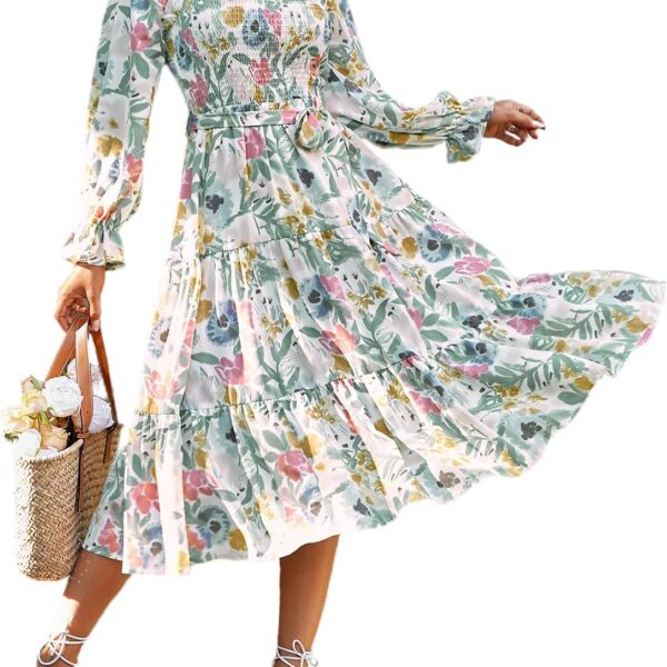 Amegoya Women's Boho Flowy Long Sleeve Square Neck Floral Midi Dress Smocked Spring Fall Wedding Guest Dresses