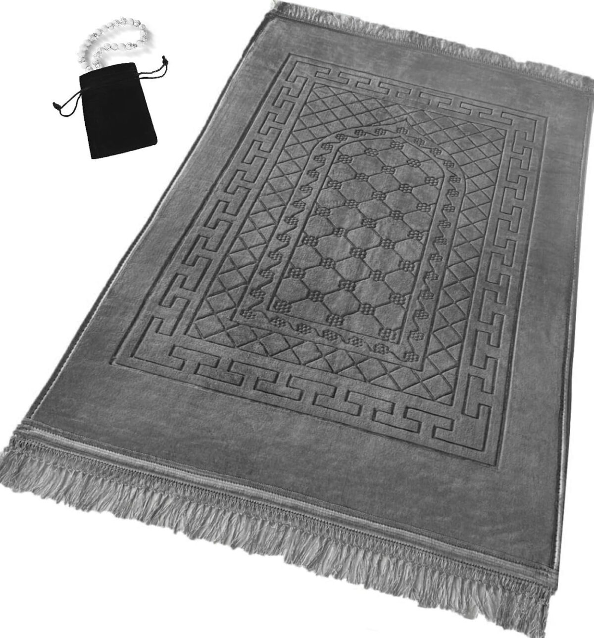 Prayer Rug Muslim Mat Islamic - Thick Prayer Rug Sajadah for Kids Men Women with Islam Prayer Beads for Eid Travel Ramadan, Soft and Luxury (Gray) - Image 1