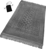 Prayer Rug Muslim Mat Islamic - Thick Prayer Rug Sajadah for Kids Men Women with Islam Prayer Beads for Eid Travel Ramadan, Soft and Luxury (Gray)