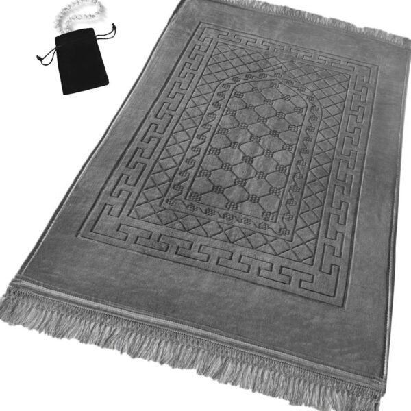 Prayer Rug Muslim Mat Islamic - Thick Prayer Rug Sajadah for Kids Men Women with Islam Prayer Beads for Eid Travel Ramadan, Soft and Luxury (Gray)