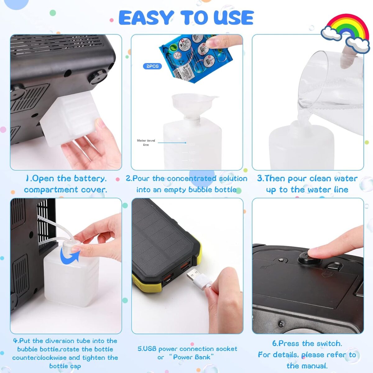 SHCKE Automatic Bubble Machine Upgrade Bubble Blower with 2 Fans, 20000+ Bubbles Per Minute Bubbles for Kids Portable Bubble Maker Operated by USB or Batteries for Outdoor Wedding Birthday Easter - Image 8