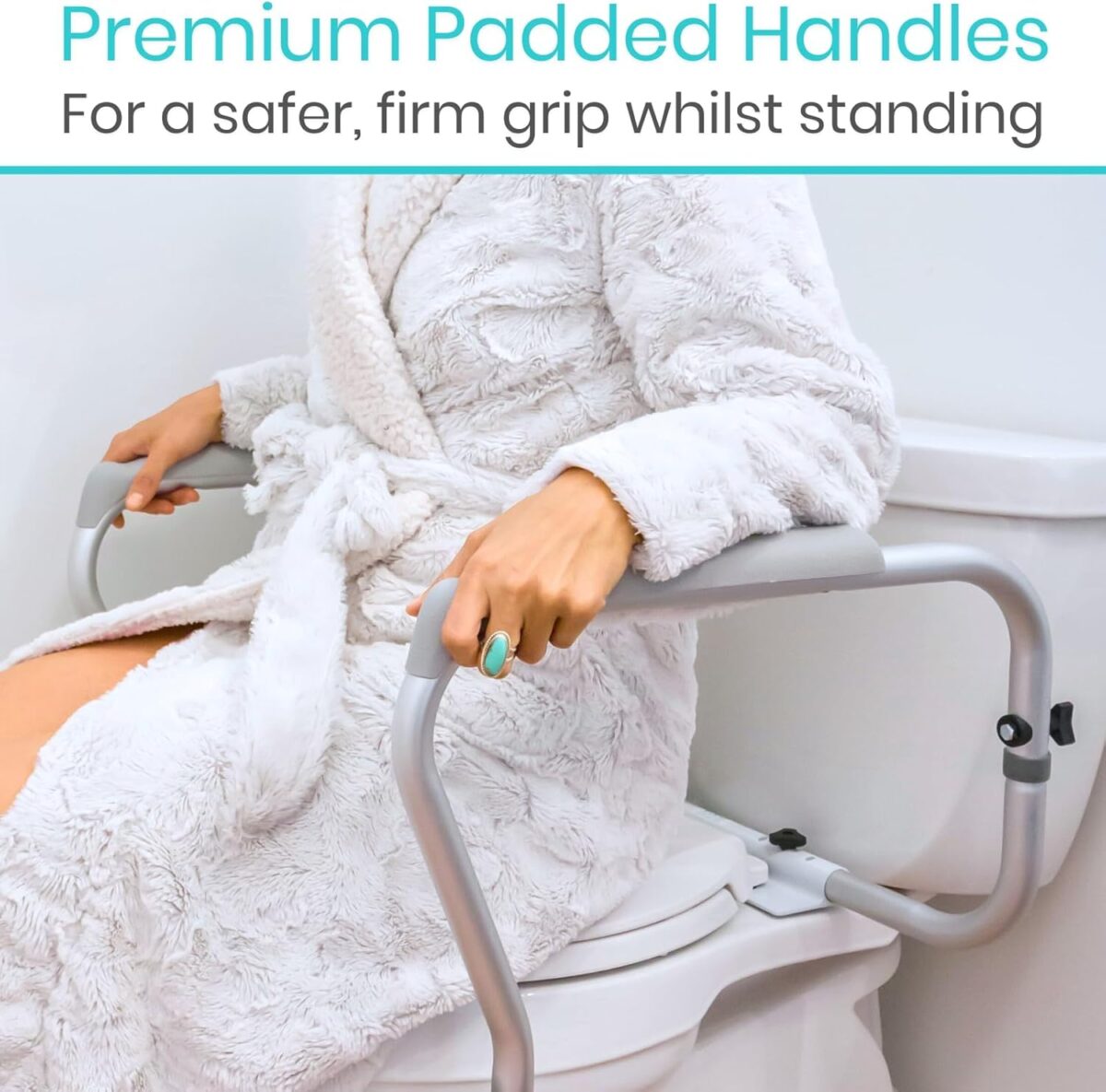 Vive Toilet Rail - Bathroom Safety Frame - Medical Railing Helper for Elderly, Handicap, Disabled, Seniors - Bariatric Assist Handrail Grab Bar - Adjustable Height, Padded Arms Fit Most Toilets - Image 4