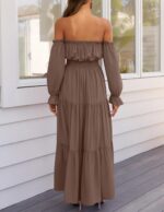 ZESICA Women's 2025 Boho Sexy Off Shoulder Long Sleeve Smocked High Waist Side Split Flowy A Line Tiered Long Maxi Dress - Image 4