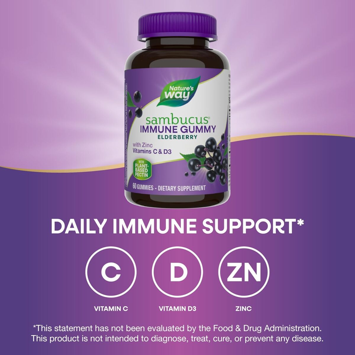 Nature’s Way Sambucus Elderberry Immune Gummies, Daily Immune Support for Kids and Adults*, with Vitamin C, Vitamin D3, Zinc, Gluten Free, Vegetarian, 60 Gummies (Packaging May Vary) - Image 4