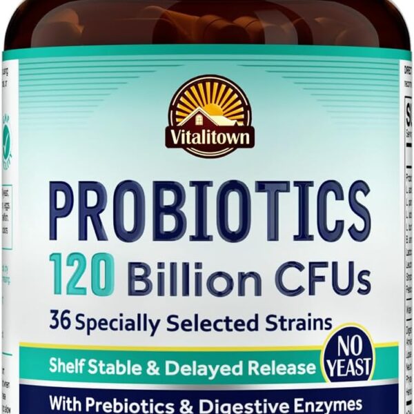 VITALITOWN Probiotics 120 Billion CFUs | 36 Strains, with Prebiotics & Digestive Enzymes for Men Women | Shelf Stable | Digestive Health & Immune Support | Vegan, Non-GMO | 30 Delayed Release Veg Caps