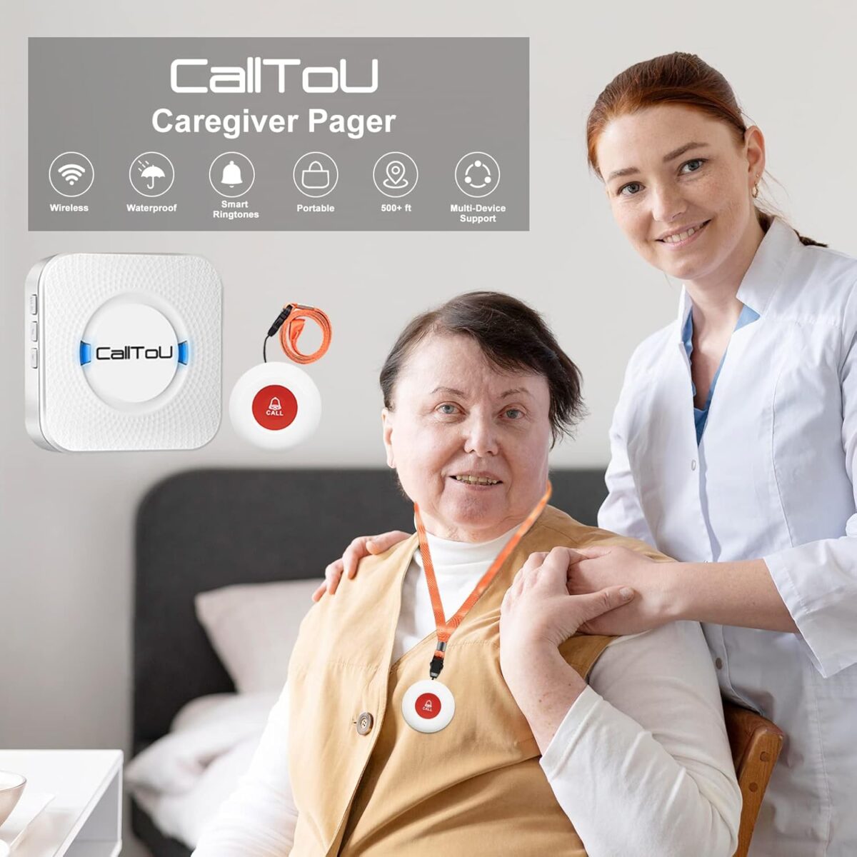 CallToU Wireless Caregiver Pager Smart Call System 2 SOS Call Buttons/Transmitters 2 Receivers Nurse Calling Alert Patient Help System for Home/Personal Attention Pager 500+Feet Plugin Receiver - Image 2