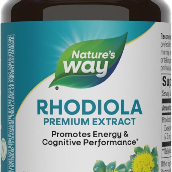 Nature's Way Rhodiola Premium Extract, 250 mg per serving, Supports Energy & Cognitive Performance*, Adaptogenic Herb*, Non-GMO Project Verified, Vegan, Gluten Free, 60 Capsules (Packaging May Vary)